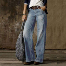 Womens Vintage Style Jeans Mid Waist Denim Wide Leg Pants Street Female Trousers