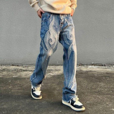 Men Patchwork Embroidery Casual Denim Pants Elastic Waist Baggy Jeans Trousers