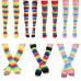 Womens Cotton Rainbow Striped Knee High Socks Arm Warmer Fingerless Gloves Set