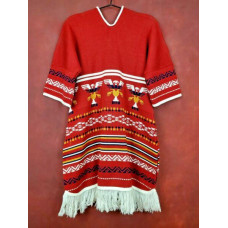 Women's Red Aztec Sweater with Fringe White Piping Trim Short Dolman Sleeves M
