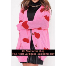 Womens Pink Knitted Cardigan Sweater With Red Hearts.