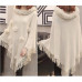 Lady Knit Poncho Capes Jacquard Cloak Faux Fur Collar Wrap Shawls Pompom Tassel