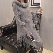 Lady Knit Poncho Capes Jacquard Cloak Faux Fur Collar Wrap Shawls Pompom Tassel
